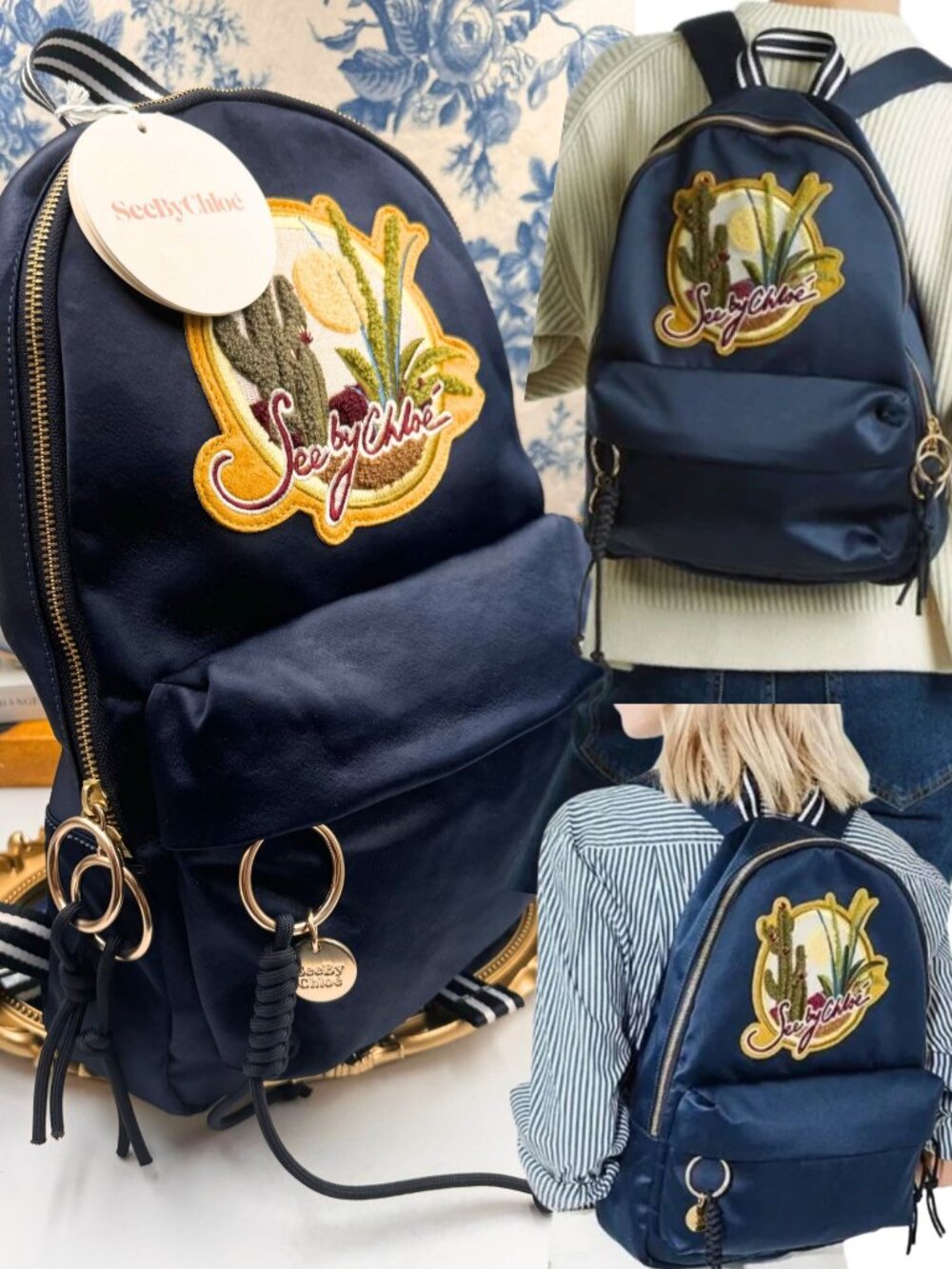 🆕 SEE BY CHLOE 🧿 NWT Cactus and Logo-Embroidered Satin Backpack in Navy